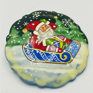 Russian Hand Painted Lacquer Wooden Santa in a Sleigh Brooch Pin. Festive